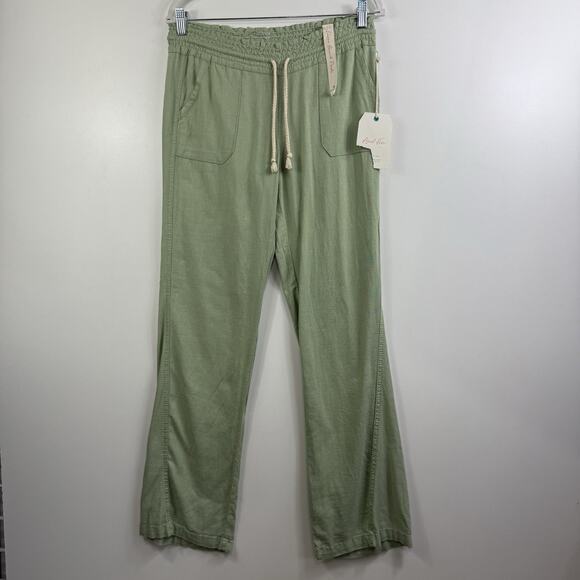 New Green Linen Blend April Kiss Pants Small Beach Rope Drawstring Waist Pockets - Picture 9 of 11